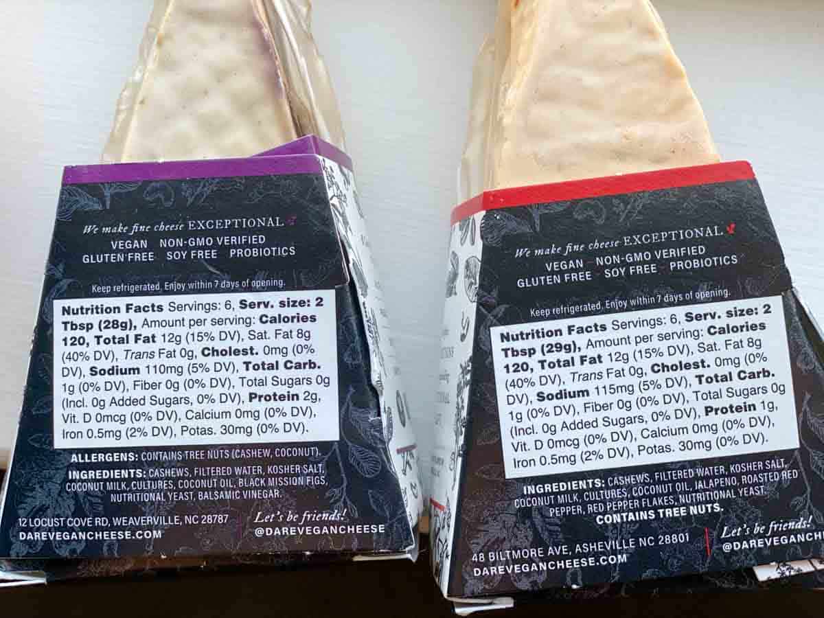 nutrition facts for balsamic fig and pepperjack darë vegan cheese