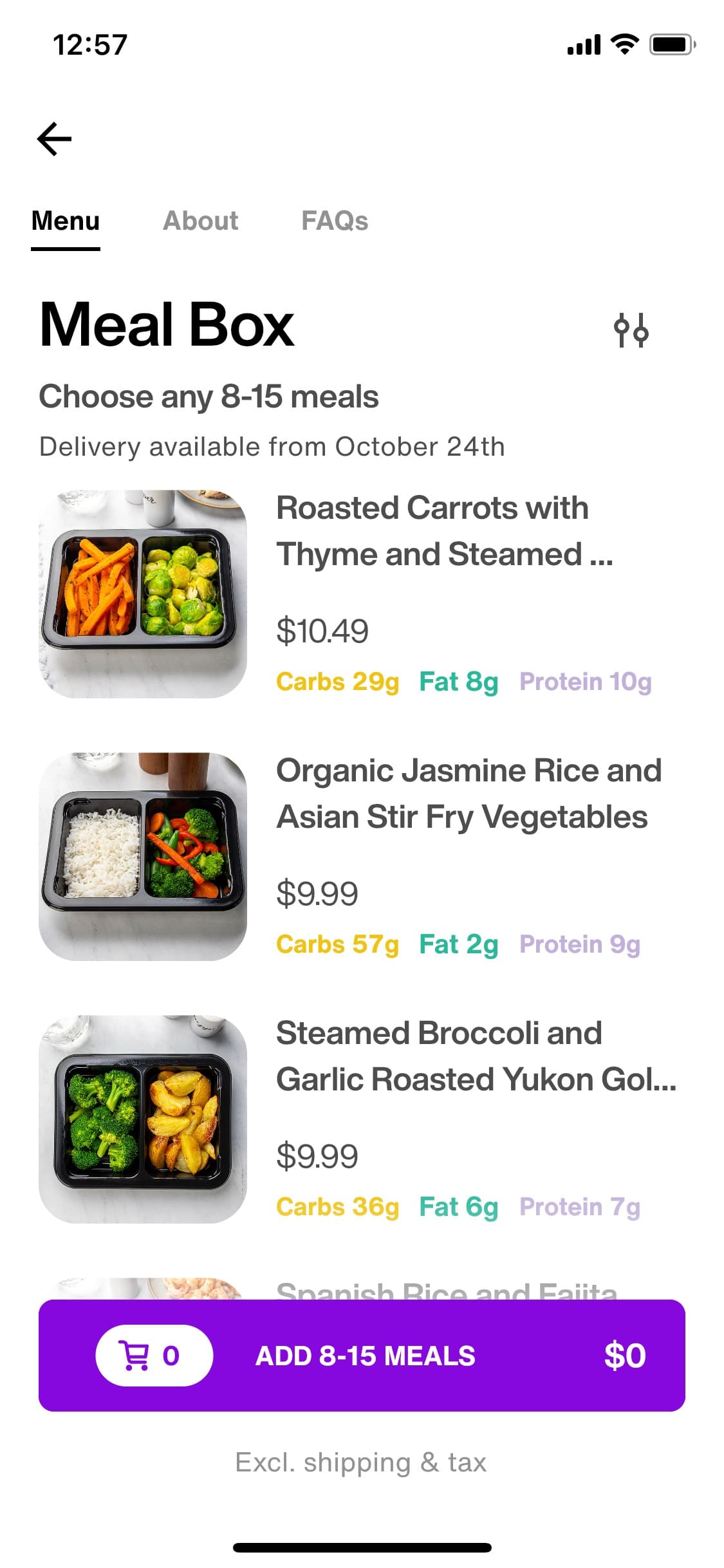 screenshot of Lumen meal plan options with carb count, fat and protein grams