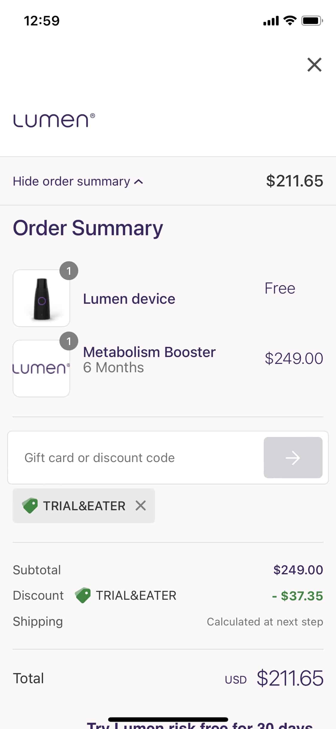 screenshot of how to use Trial&Eater coupon code for Lumen device 6 month