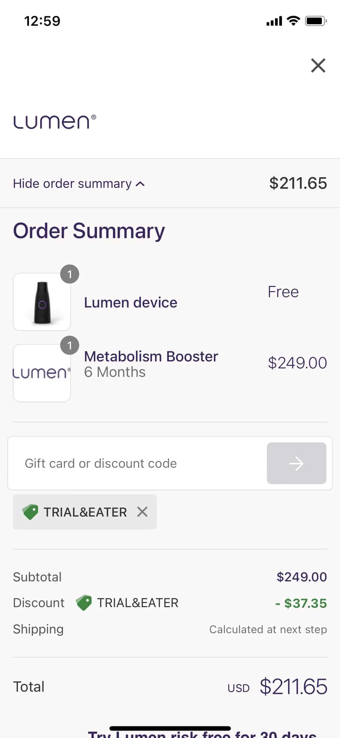 screenshot of how to use Trial&Eater coupon code for Lumen device 6 month