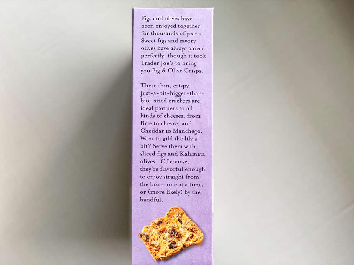 side of box label for fig and olive crisps