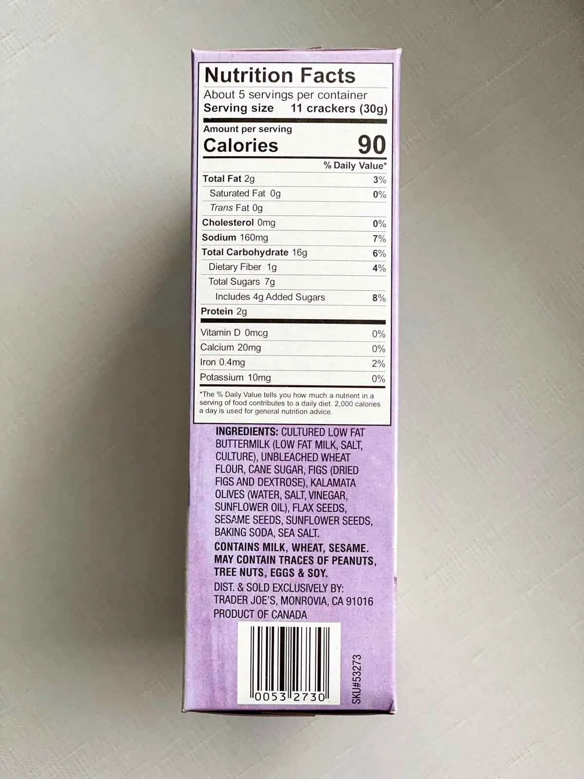 nutrition facts box label for fig and olive crisps