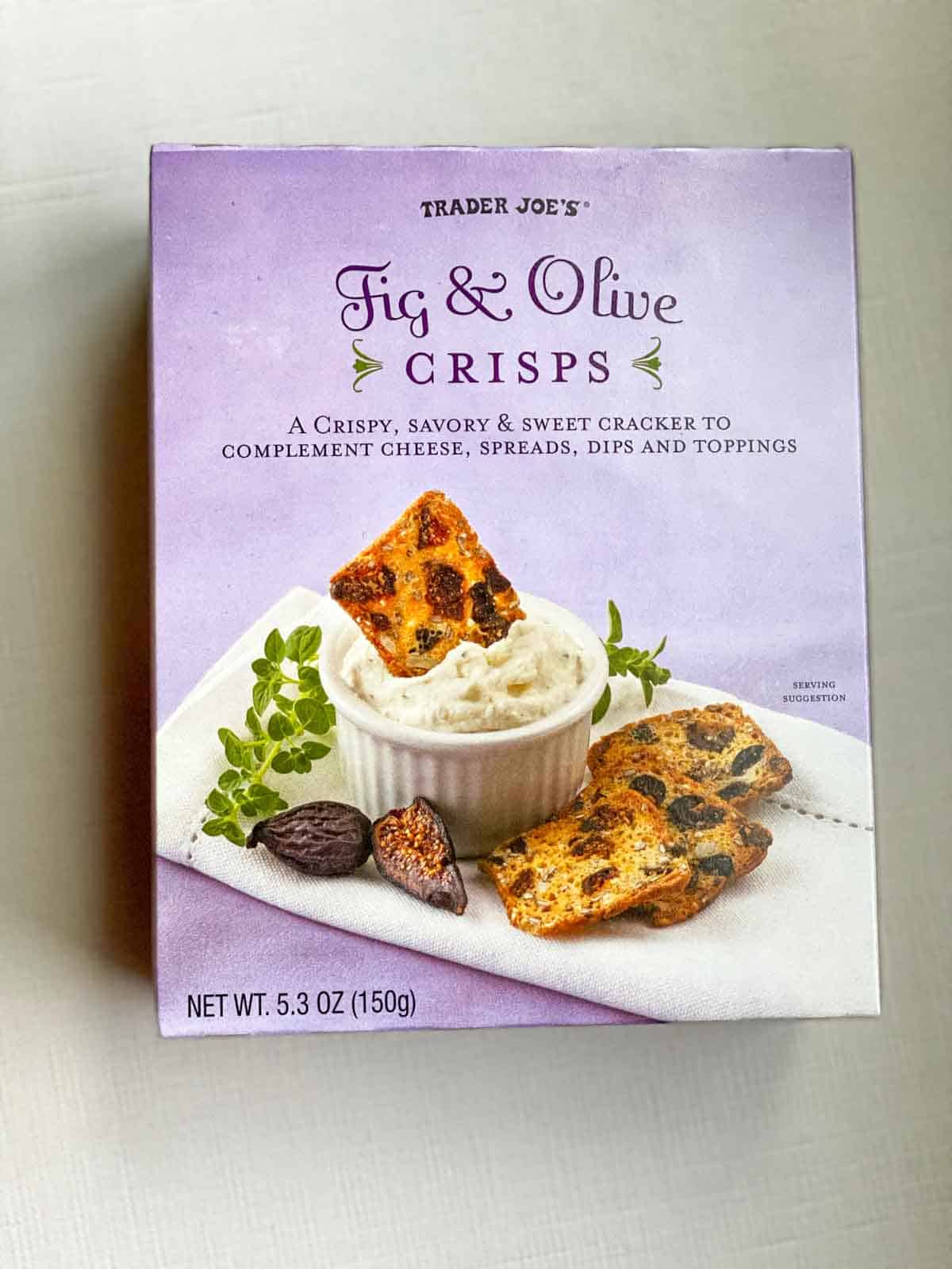 front of fig and olive crisps box